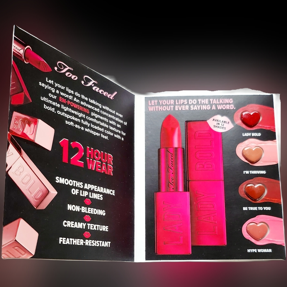 NWT DELUXE SAMPLE TOO FACED LADY BOLD 12HR WEAR LIPSTICK SAMPLE PACKETTE!